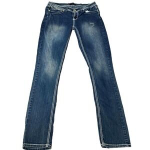 Decoded Jeans Women 9 Blue Straight Leg Denim Cotton Stretch Low Rise Rhinestone
